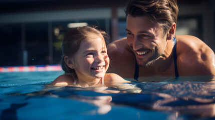A young girl with an adult swimming instructor in a pool, showcasing the engaging process of learning through swimming lessons