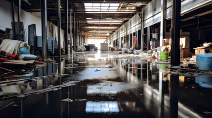 Aftermath of a flood in a warehouse, water damaged industrial building
