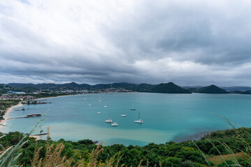 Fototapeta na wymiar A photo of yachts anchored in Rodney Bay in St Lucia viewed from Pigeon Island.