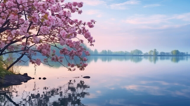 Created with AI Spring morning near a clean lake living nature
