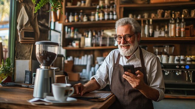Man in Apron Using Cell Phone