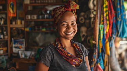 Smiling Woman with a Colorful Head Scarf