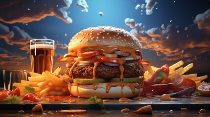 Hamburgers and fast food on the table Background for food advertising - obrazy, fototapety, plakaty