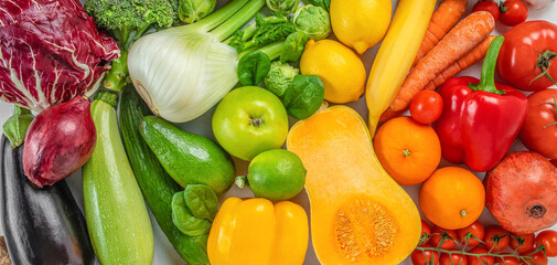 Close up vegetables, assortment of fresh organic vegetables in rainbow colors, top view