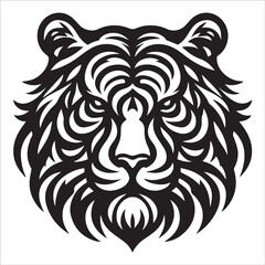 Tiger head black and white illustration , Roaring Tiger head vector line art illustration