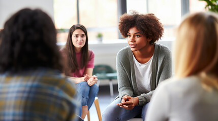 An adolescent girl talking to a group in a therapy circle.