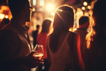 Many people have fun at sunset party
