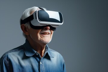 Senioren trägt eine VR-Brille, grauer Hintergrund - obrazy, fototapety, plakaty