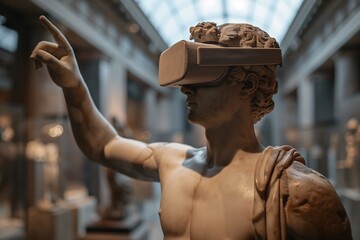 antike Statue trägt eine VR-Brille und steht in einem Museum - obrazy, fototapety, plakaty