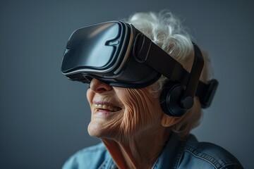 Porträt einer Senorin, die eine VR-Brille trägt vor grauem Hintergrund - obrazy, fototapety, plakaty
