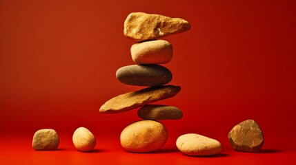 Fototapeta na wymiar The Art of Stone Balancing. Balancing rocks on red background. Stacking. Rocks are piled in balanced stacks