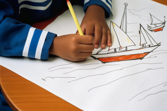 Close-up of a child's hands drawing a sailor on a white sheet