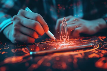 Rocket taking off from cell phone, businessman holding pen, business and startup concept. Generative AI