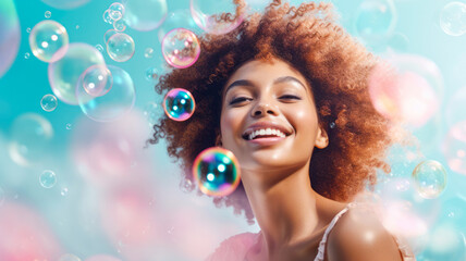 Fototapeta premium A beautiful young woman indulges in refreshing water. This image highlights the concept of cosmetology, emphasizing rejuvenation and skincare as key elements of beauty.