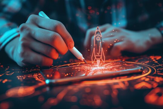 Rocket taking off from cell phone, businessman holding pen, business and startup concept. Generative AI