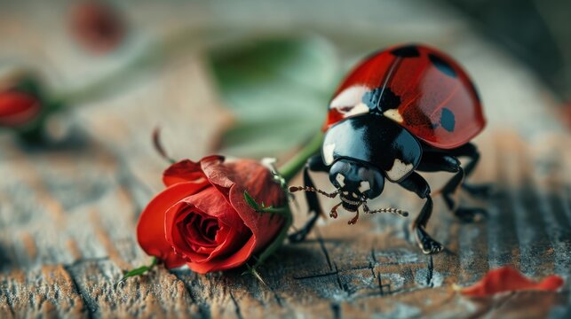  a close up of a ladybug on a wooden surface with a rose in the foreground and a single red rose in the foreground.