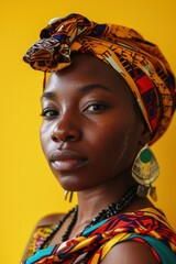Naklejka premium Beautiful black woman with turban, yellow wall in the background, Black History Month. Generative AI