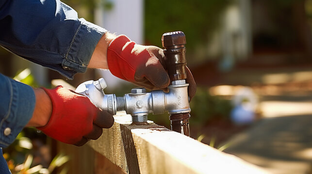 A plumber using a pipe wrench on a leaking outdoor faucet.