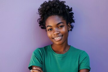 Beautiful black girl in green t-shirt smiling, lilac background, digital illustration, Black History Month. Generative AI