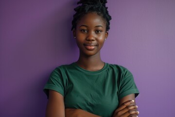 Beautiful black girl in green t-shirt smiling, lilac background, digital illustration, Black History Month. Generative AI