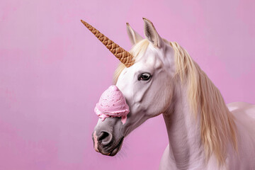 funny unicorn wannabe white horse with an ice cream cone instead of a horn and srawberry ice cream on the face, pastel background