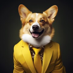 Funny corgi dog in a yellow jacket on a black background. Office worker concept.