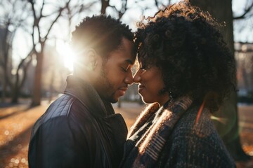 Fototapeta premium Landscape with couple in love in a forest, sunset in the background, Valentine's Day. Generative AI