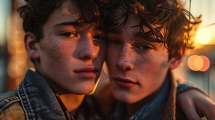 Photographic portrait of young men, 21 and 22, in an affectionate embrace, showing the warmth and closeness of their relationship