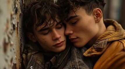 Realistic photo of young guys, 21 and 22, in a tender embrace, reflecting the beauty of feelings...