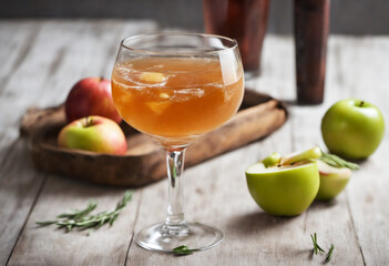 Autumn-inspired cocktail with apple slices and fresh rosemary
