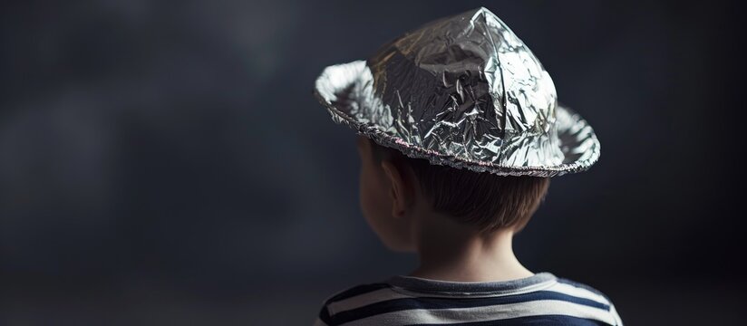 Back view of a boy wearing a tin foil hat.