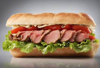 Delicious sandwich with roast beef, cheese, tomato, and lettuce