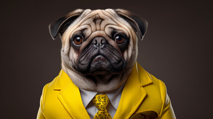 Cute pug in a yellow jacket and a tie around his neck, on a dark background. Office worker concept.