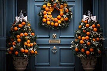 Christmas card with the front door of the house, decorated with pine branches, wreaths with balls, ribbons and a garland.
