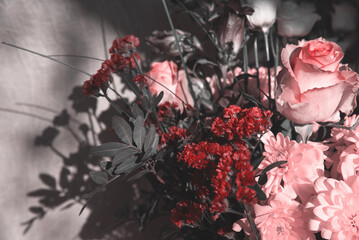 Bouquet. Mourning funeral flowers. Retro black white red floral arrangement background. Haze effect. 