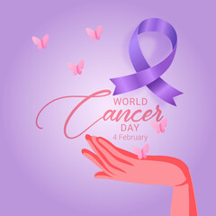realistic ribbon world cancer day with hand background