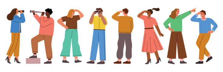 Cartoon people look through binoculars and spyglasses. Glance future, guys and girls explore distance, inspirational perspective, vector set.eps