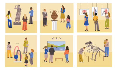 Cartoon museum visitors. Happy people look at paintings and valuable exhibits, modern and historical exposition, art and culture, vector set.eps