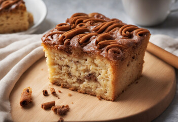 Cinnamon swirl coffee cake stack on wooden platter
