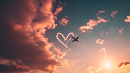  a plane flying in the sky with a heart shaped smoke trail coming out of the back of it's tail. - obrazy, fototapety, plakaty