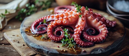 Octopus sashimi seafood available at Asian restaurant in Japan and Korea - obrazy, fototapety, plakaty