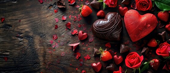  a table topped with chocolate covered strawberries and a heart shaped piece of chocolate surrounded by red roses and leaves.
