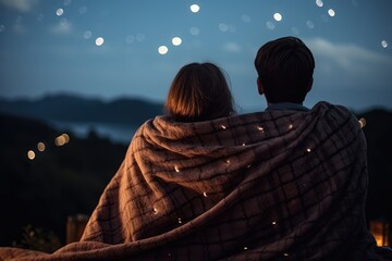Couple Wrapped In Blanket, Watching Stars During Romantic Evening
