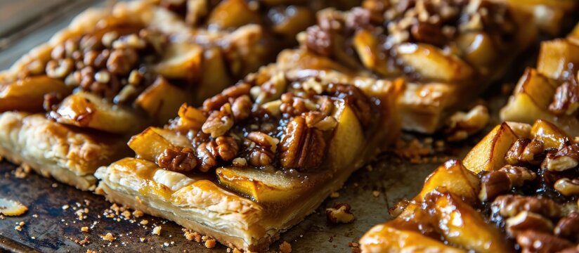 Puff pastry apple tart with caramelized apples, walnuts, and brown sugar, cut into squares.