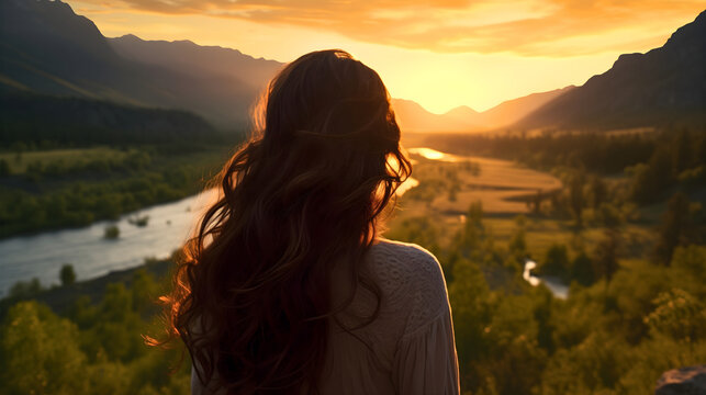 Rearview photography of a carefree beautiful young woman with black hair, looking at the beautiful sunset or golden hour scene over the rocky mountains, forest trees and river. Girl outdoors summer 