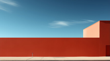 Minimal image of a red wall in bright lights with blue sky. Visual Harmony