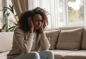 mujer afroamericana sentada en el sofá de su vivienda con cara de sufrimiento y sosteniendo la cabeza con sus manos . Concepto salud mental, depresion - obrazy, fototapety, plakaty