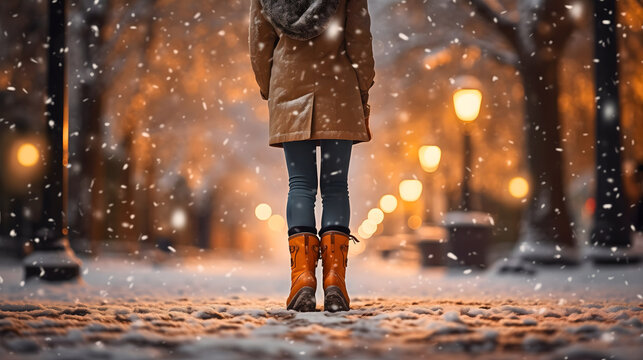 Rearview photo of a woman or a girl wearing brown boots, jeans and jacket, standing on the snowy city street or park with trees in winter night. Female person outdoor cold weather footwear or shoes
