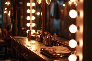 Actors Dressing Room Mirror Surrounded By Lights, Capturing The Transformative Process Of Getting Into Character