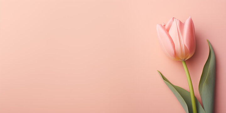 Pink tulip flower on pastel peach background. Image for a wedding, women's day or mother's day themed greeting card or invitation. Banner with space for text